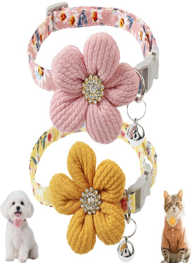 Weimostar Puppy Collar with Bell and Flower, 2 Pack XS Dog Collars with Bell and Floral Girl Cute for XXS XS Extra Small Female Dogs Cats Tiny Pets Kitten Yorkie Chihuahua Pink Yellow - Image 1